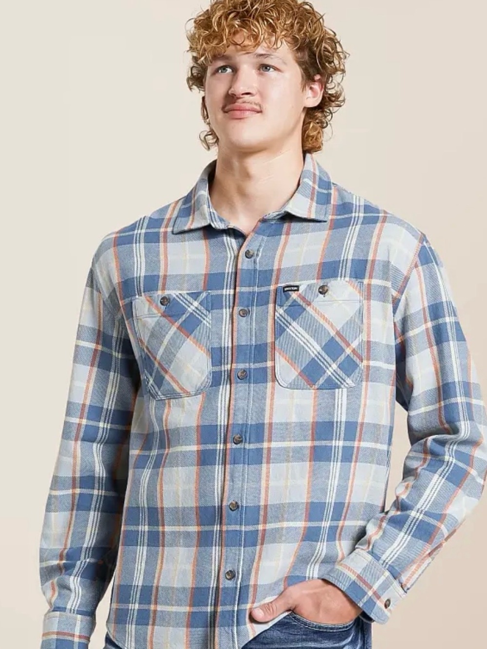 Brixtion Blue Soft Blue Orange Mens Size Large Bowery Flannel Shirt